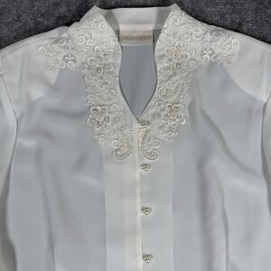 Christie & Jill Blouse Women's 16 White Beaded Long Sleeve Button Up Embroidered